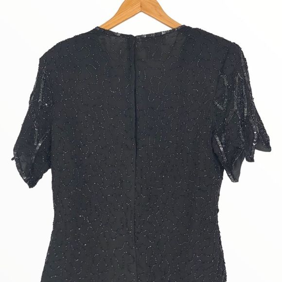 80’s Vintage Stenay Black Beaded Flapper Gatsby Zigzag Hem Short Sleeve Blouse - Picture 6 of 13